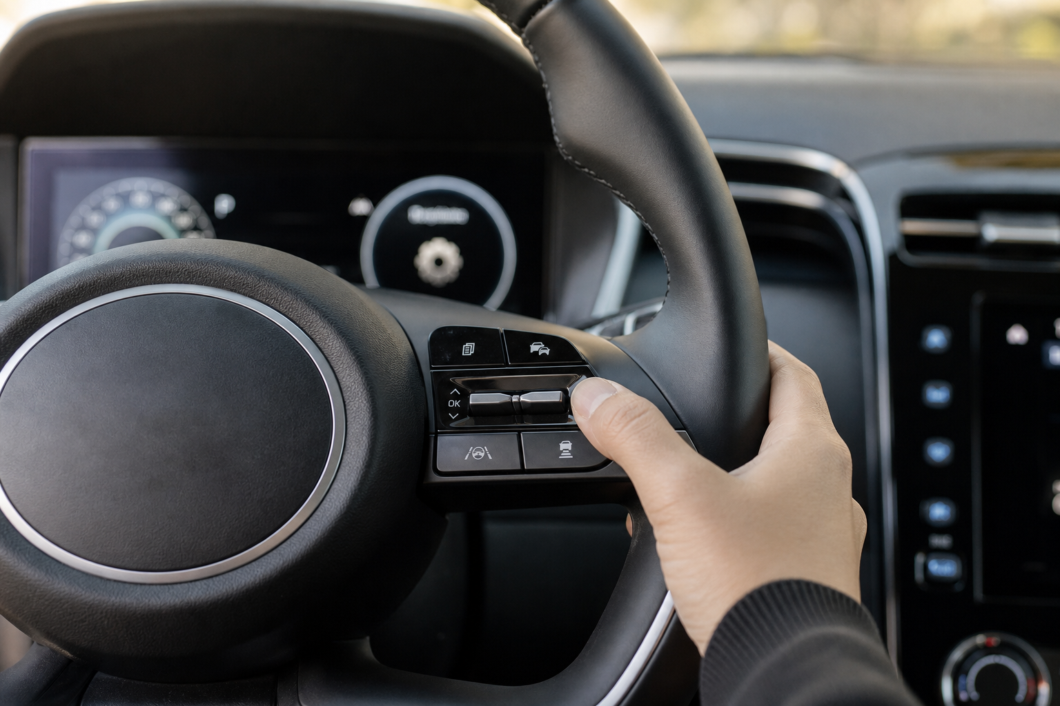 Driver adjusting steering wheel controls related to attention warning settings in a Hyundai Tucson