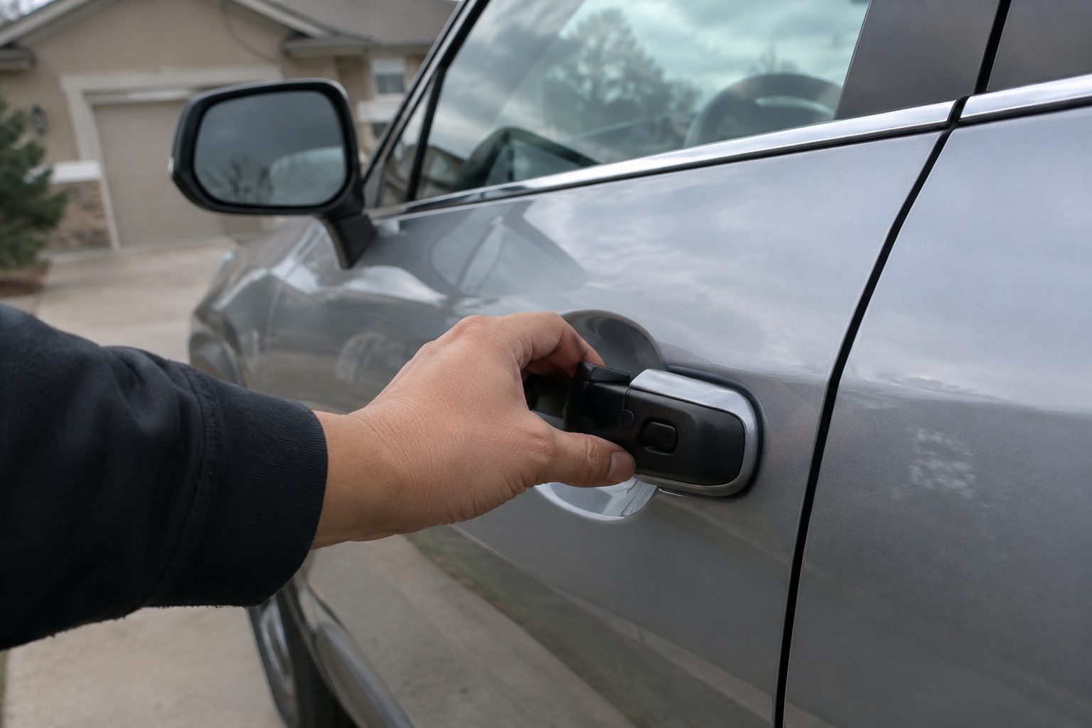 Hand testing the exterior door handle on a Toyota RAV4 for keyless entry