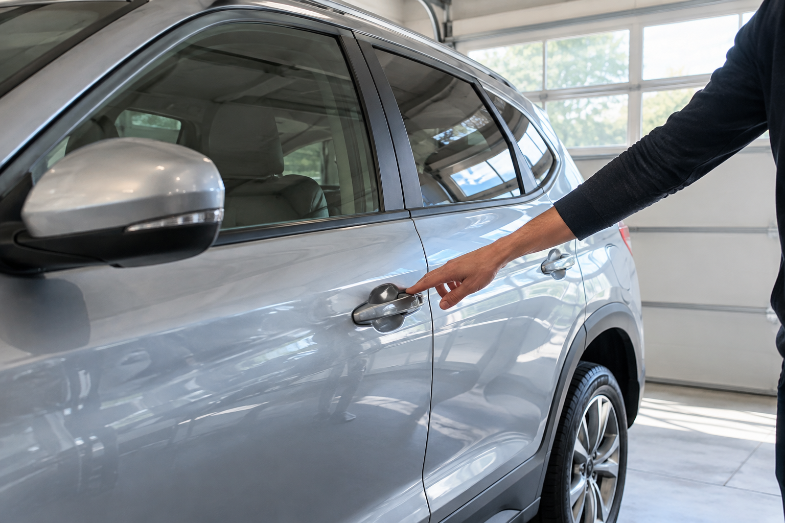 Person testing multiple door handles on a Hyundai Tucson SUV