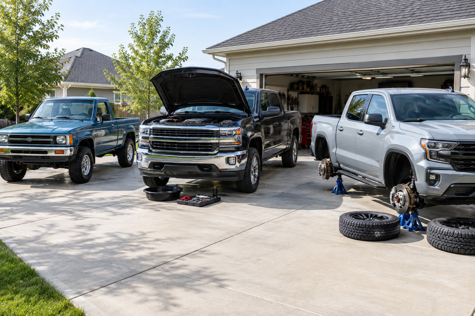 Several pickup trucks parked in a driveway, some with hoods open for maintenance