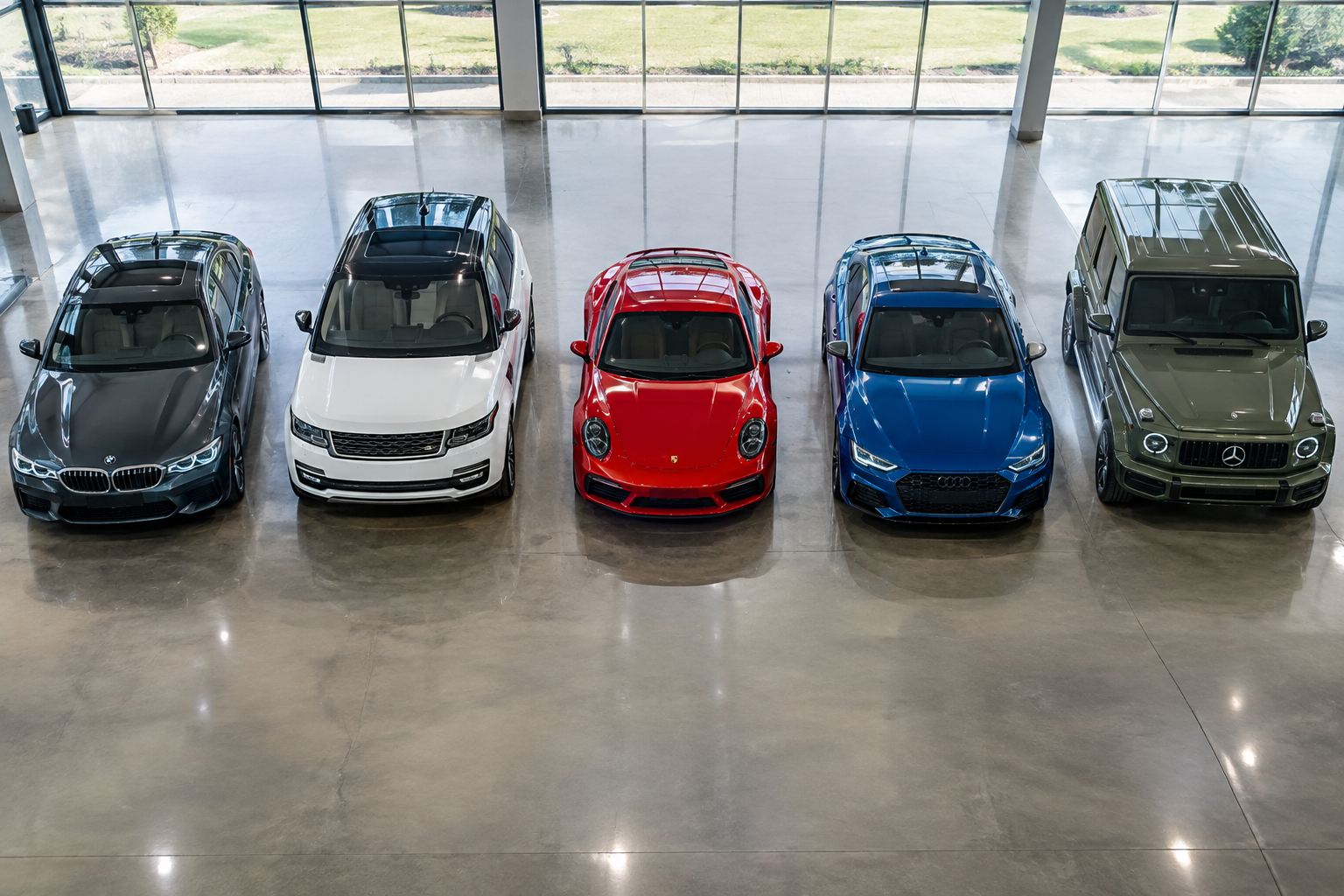 Row of luxury and performance vehicles known for high maintenance costs