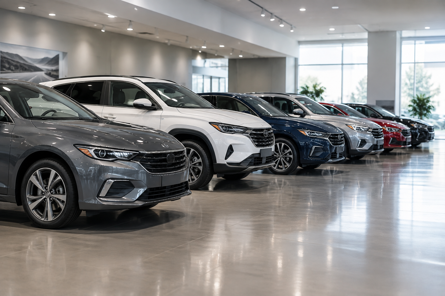 Row of reliable, low-maintenance vehicles parked in a showroom