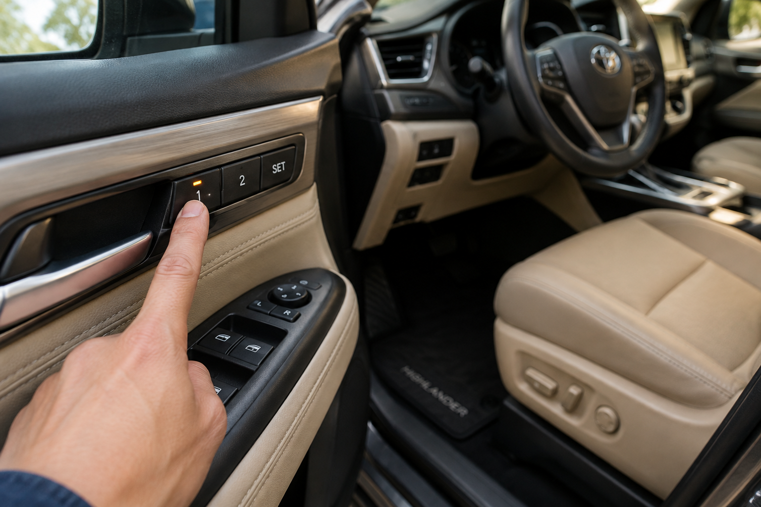 Close-up of hand pressing memory seat preset button in Toyota Highlander door panel