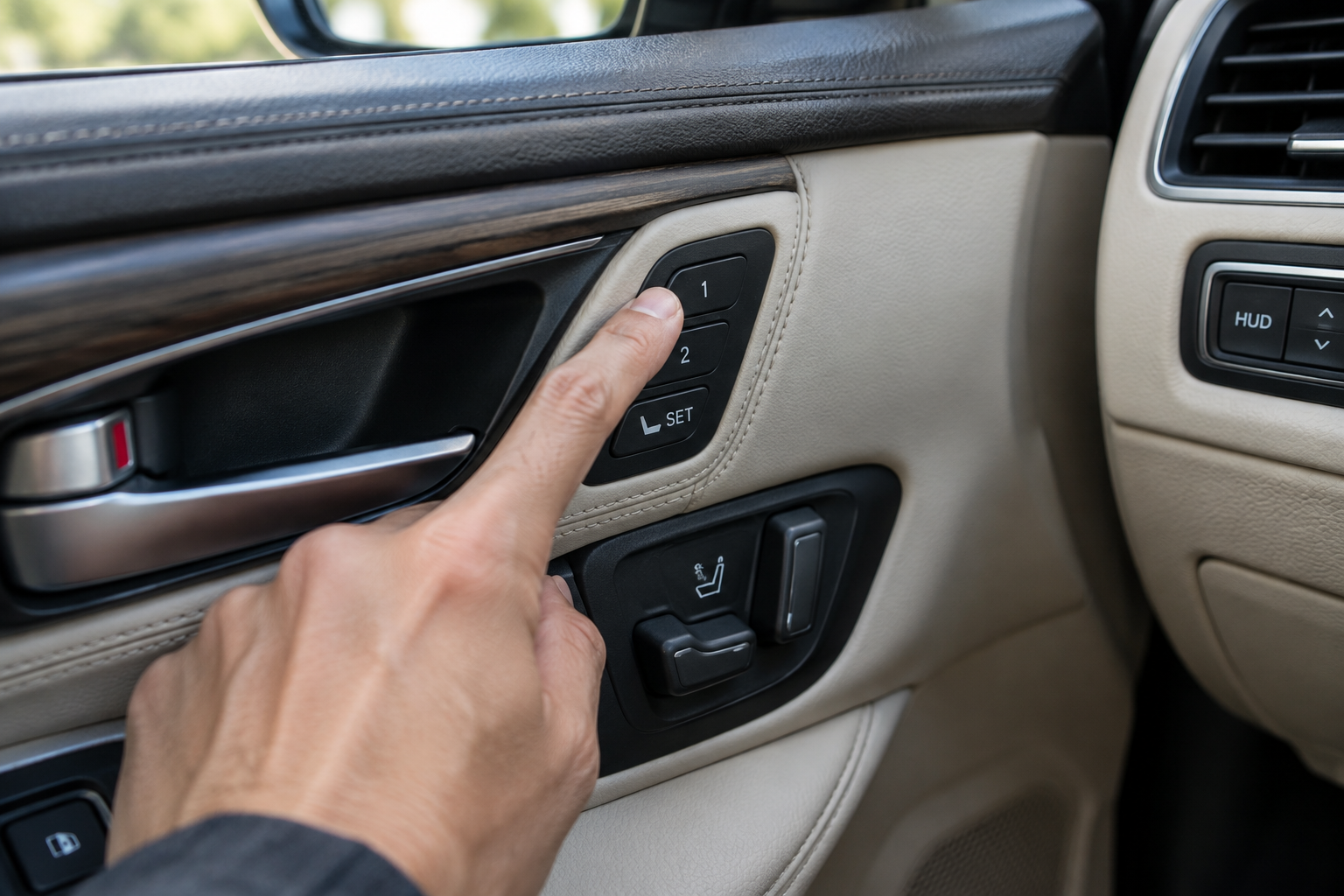 Hand pressing the memory seat save button inside a Honda Pilot