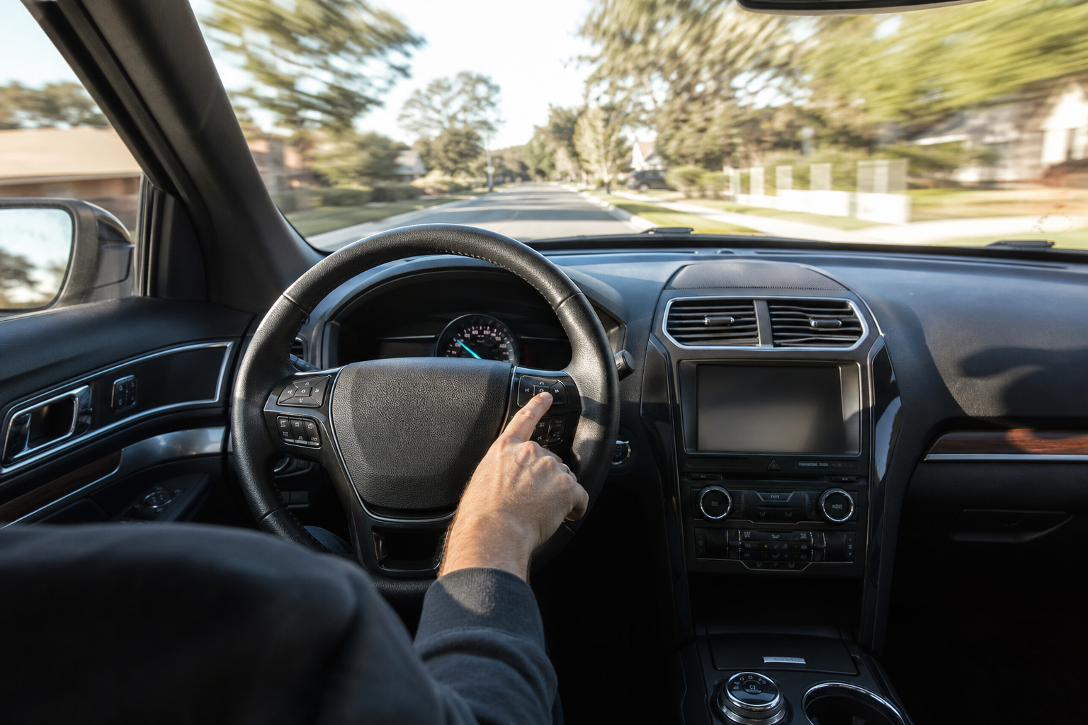 Driver quickly adjusting a control while driving a Ford Explorer