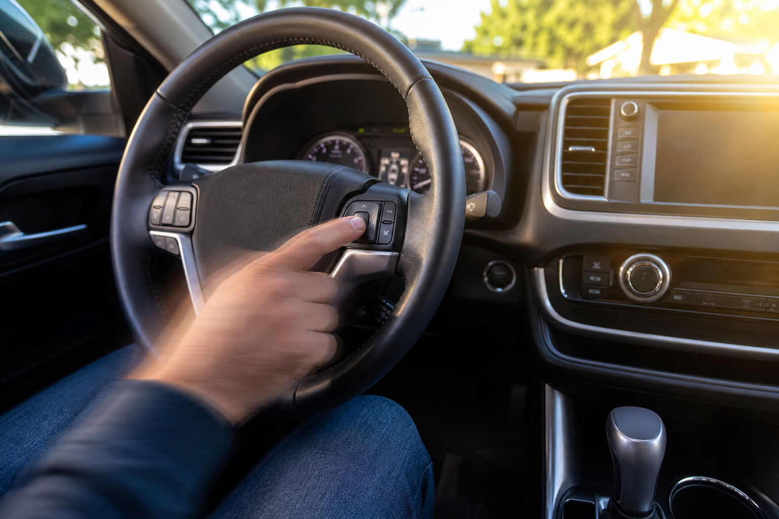 Driver quickly pressing steering wheel button to disable lane assist before driving