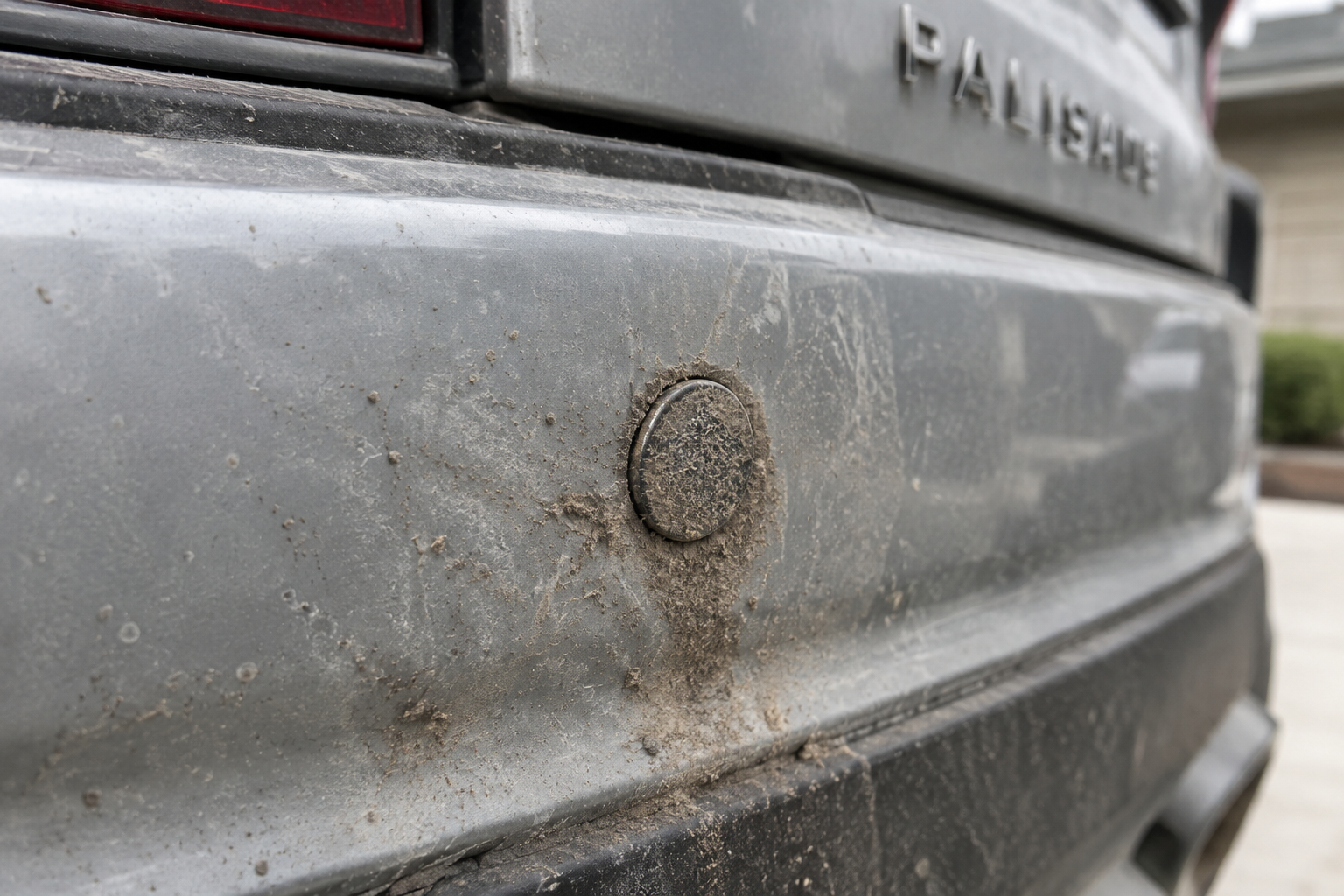 Close-up of a dirty, mud-covered parking sensor on a Hyundai Palisade bumper