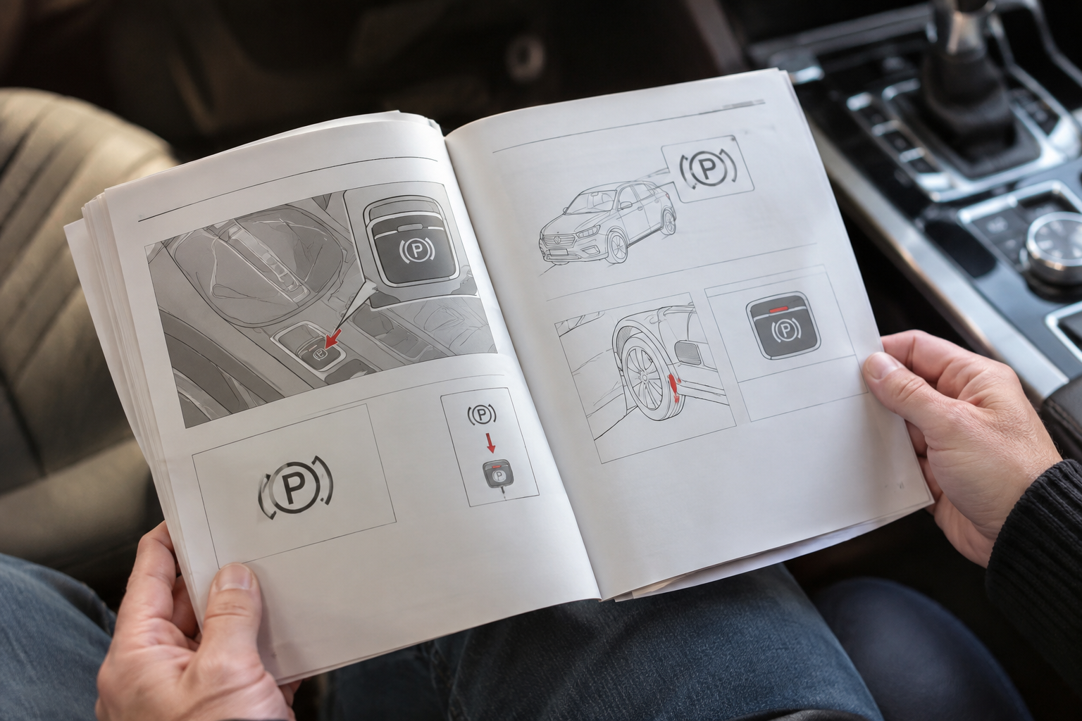 Person reviewing owner's manual for emergency parking brake release instructions inside a car