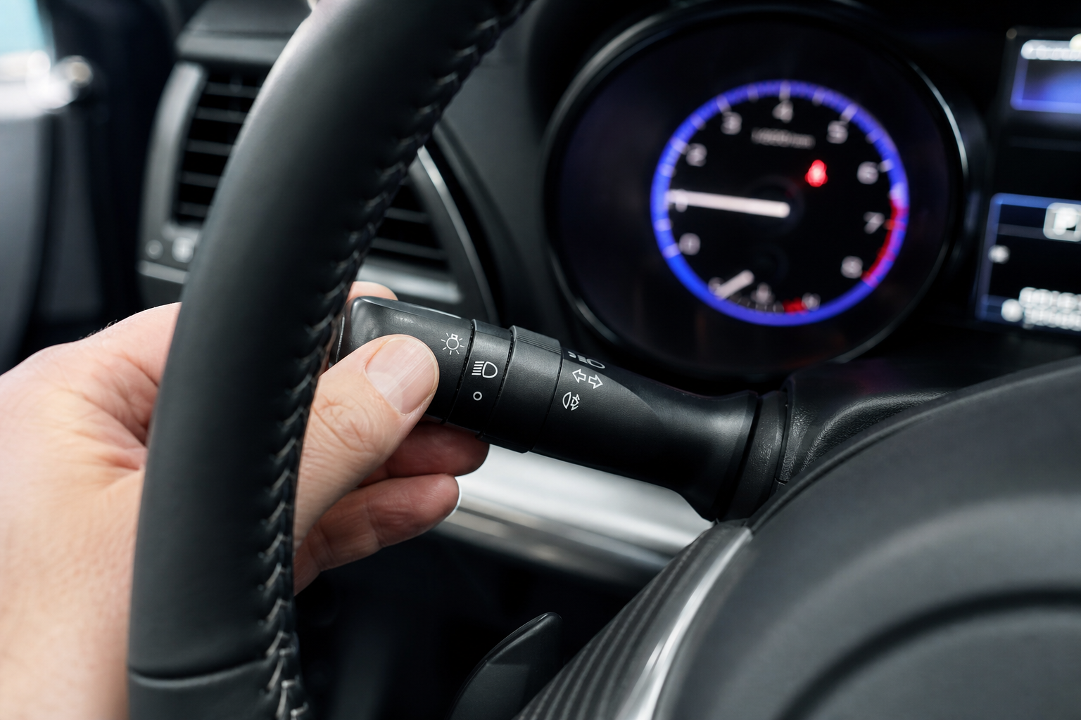Hand operating the headlight stalk control in a Subaru Outback