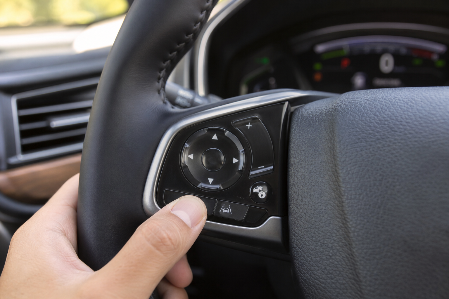 Close-up of hand pressing the LKAS button on a Honda CR-V steering wheel