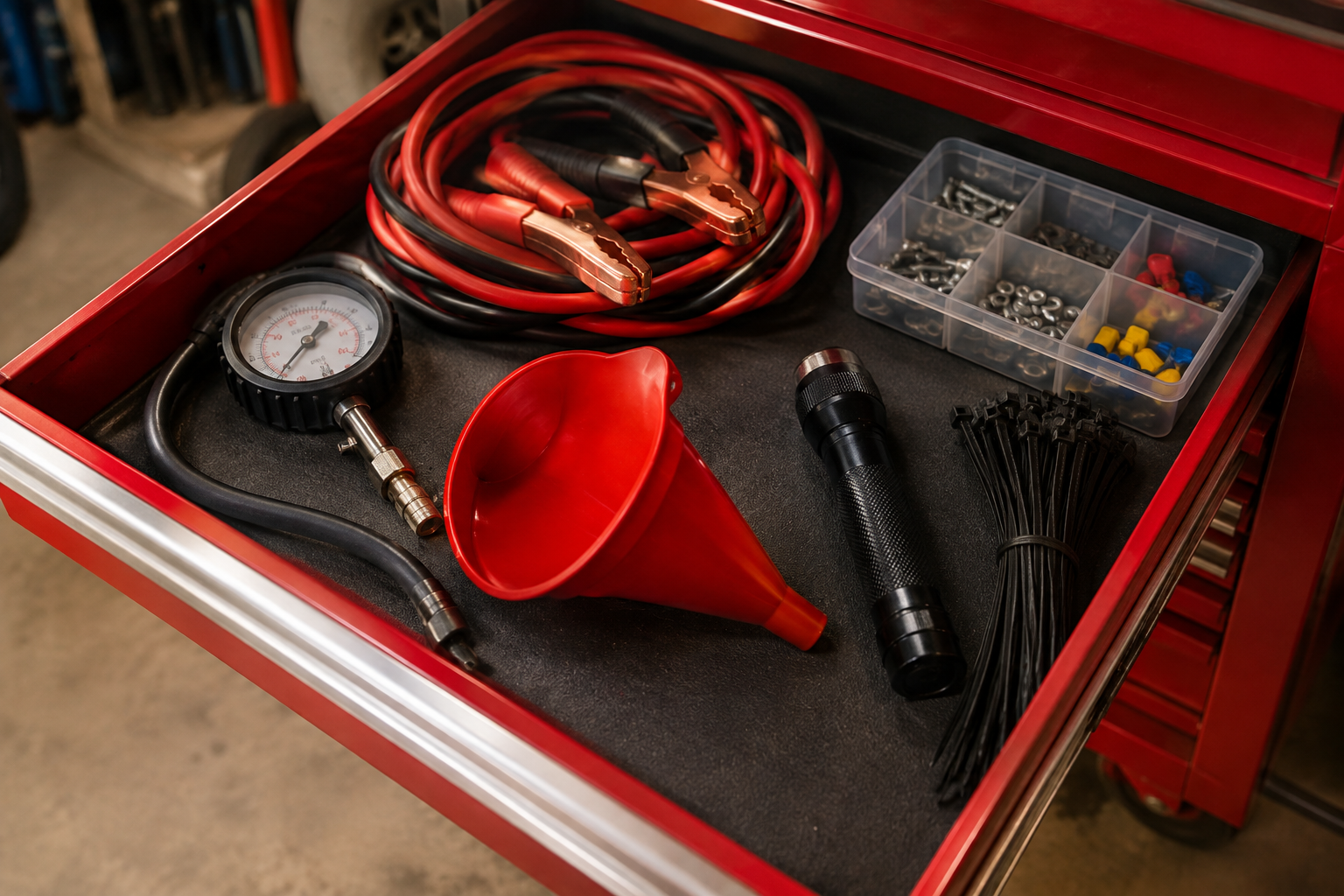 Organized drawer of helpful secondary car repair tools