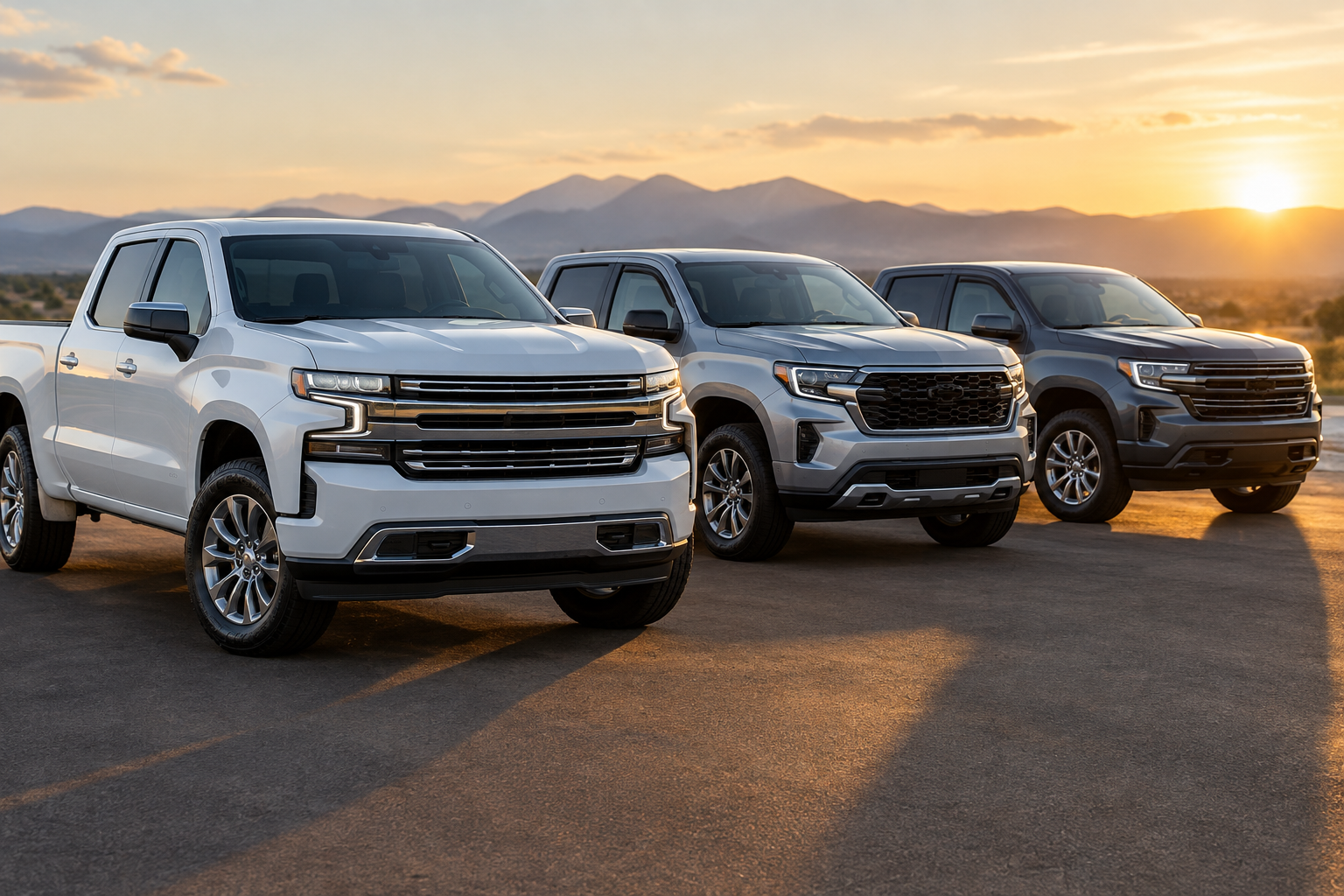 Row of well-maintained pickup trucks parked outdoors at sunset