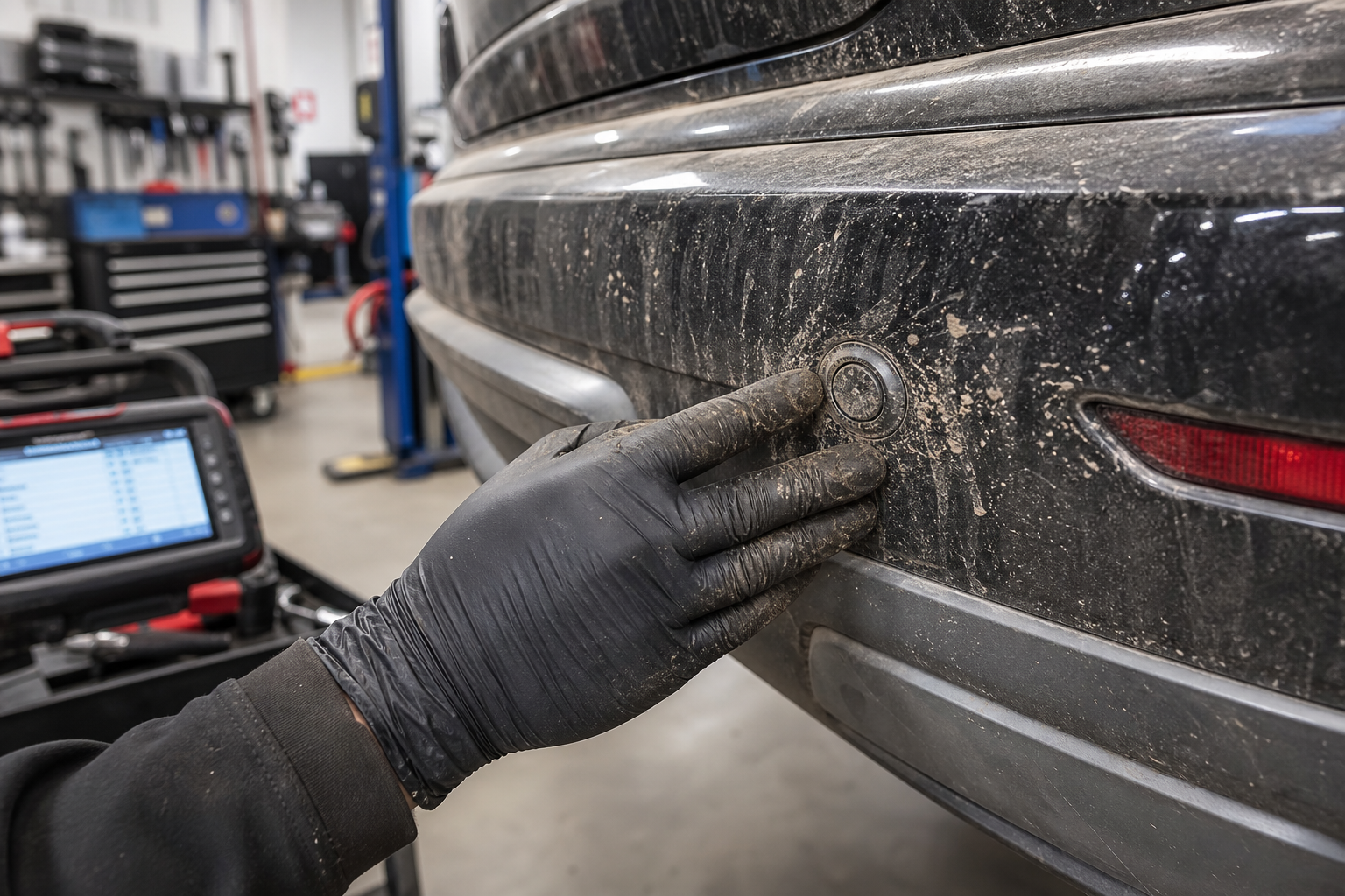 Mechanic inspecting a dirty parking sensor causing malfunction