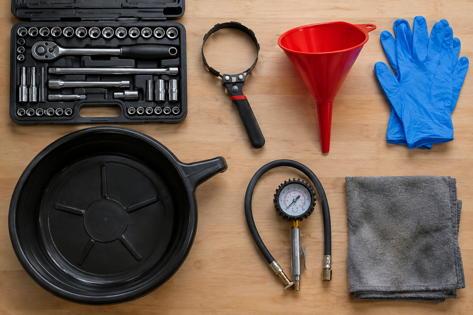 Flat-lay of essential DIY car maintenance tools and supplies