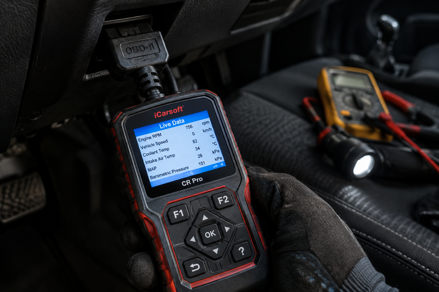 Hand holding a diagnostic scanner plugged into a car's OBD-II port