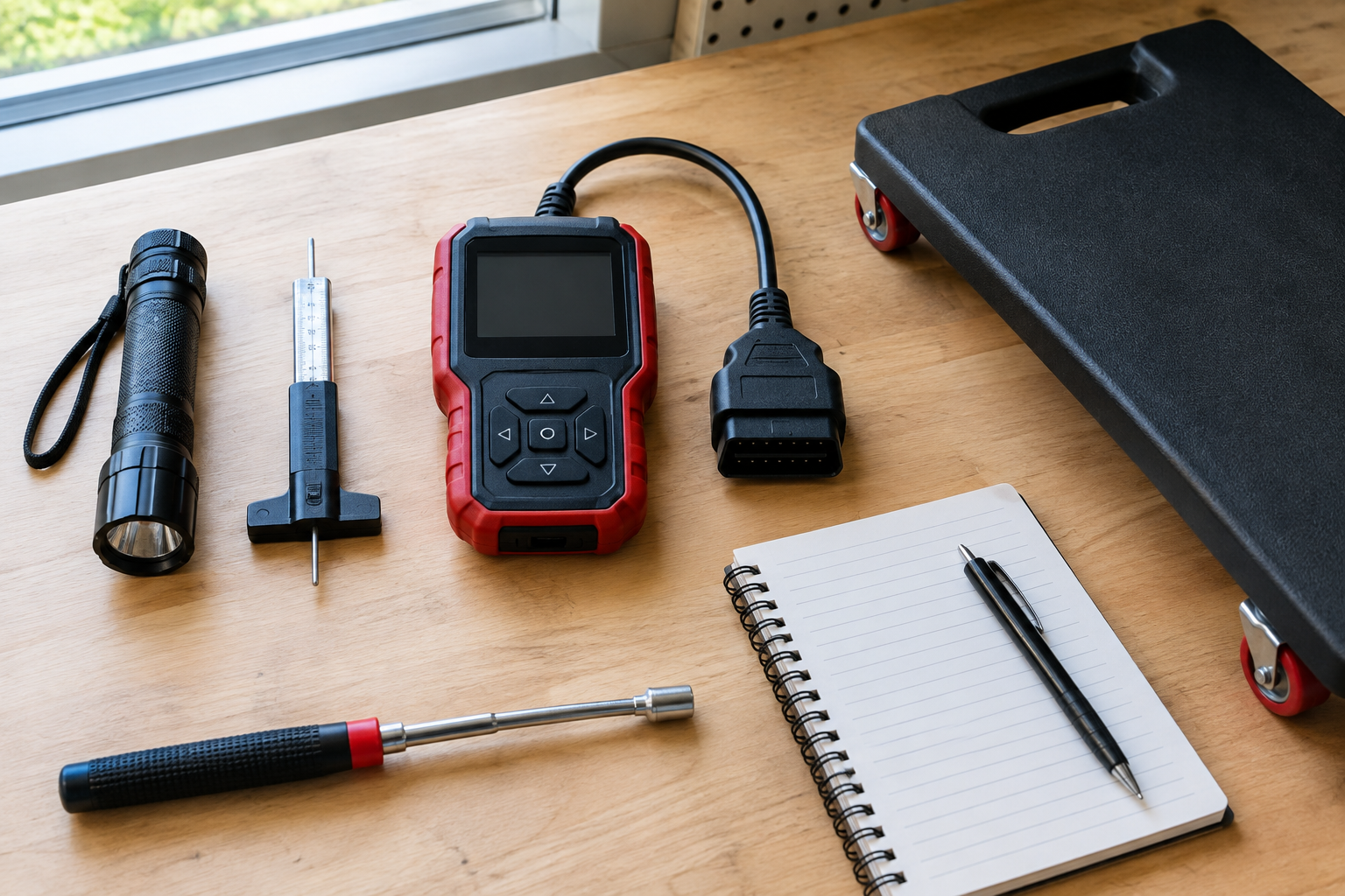 Flat-lay of tools used to inspect a used SUV before purchase