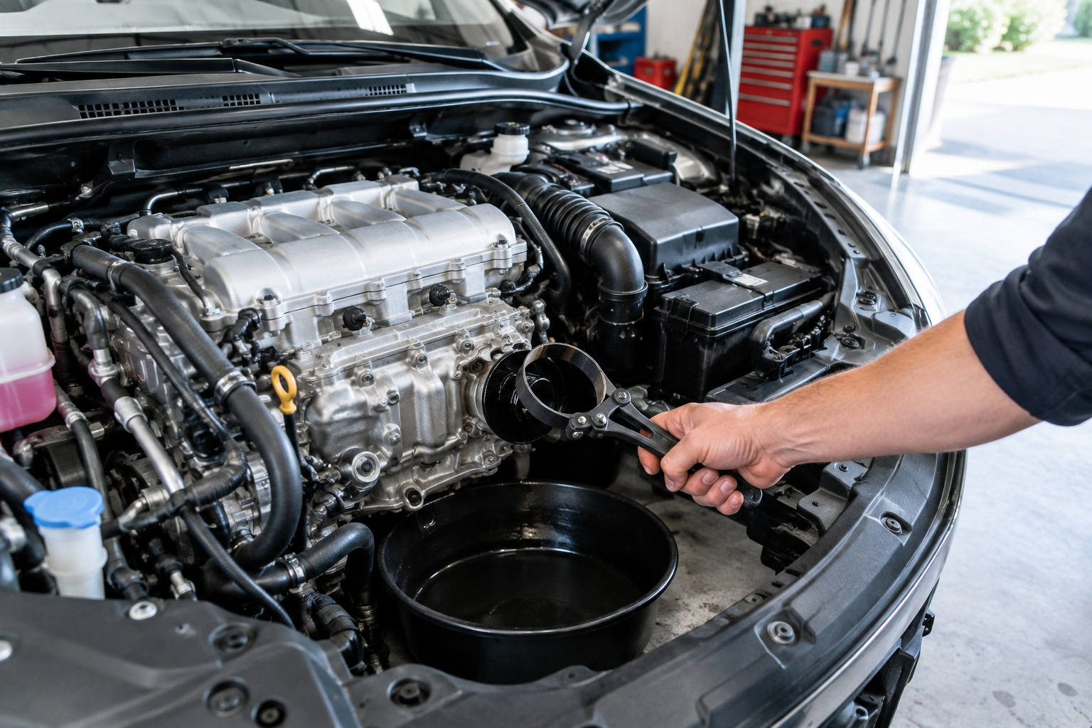 Technician performing an oil change on a Toyota-style sedan engine