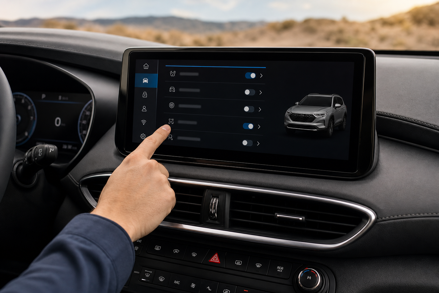Driver adjusting vehicle settings on the Hyundai Santa Fe touchscreen menu