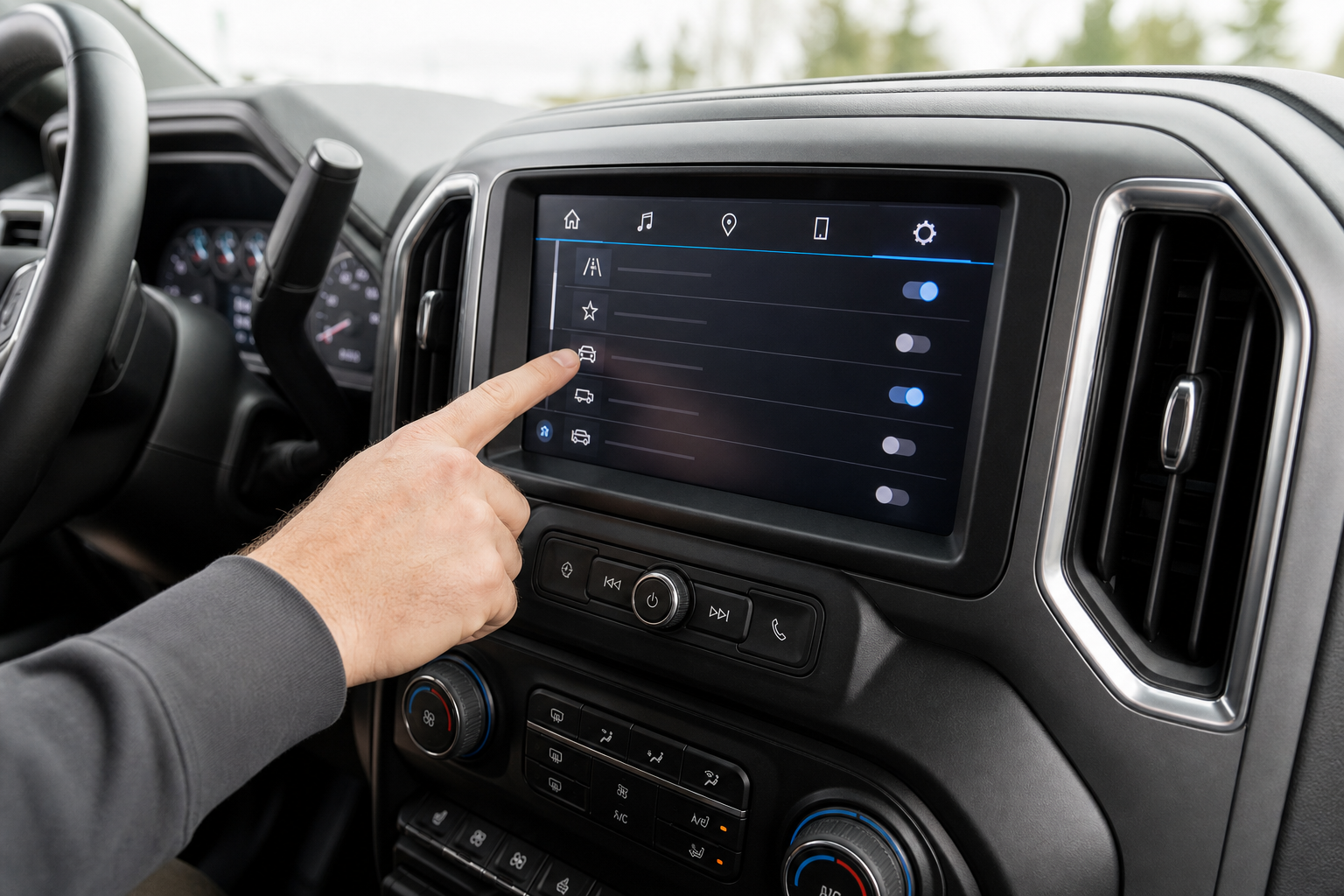 Driver adjusting vehicle settings on touchscreen infotainment display in truck