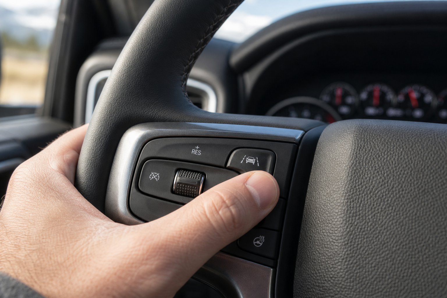 Close-up of hand pressing lane assist button on Chevy Silverado steering wheel