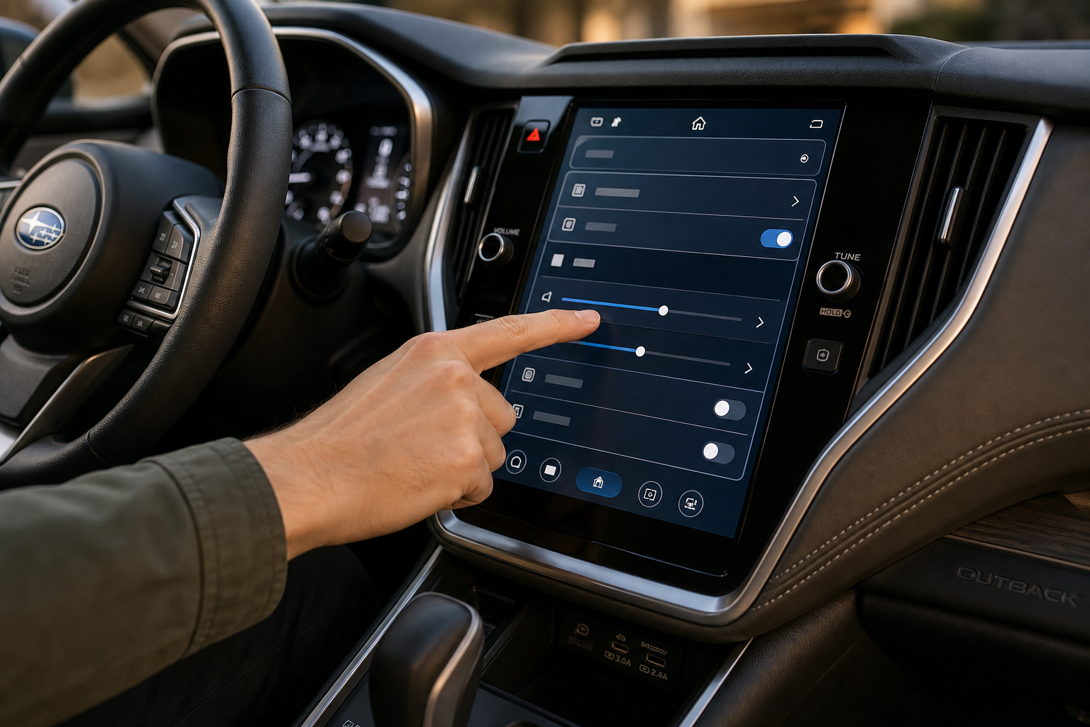 Hand adjusting settings on a Subaru Outback Starlink infotainment touchscreen