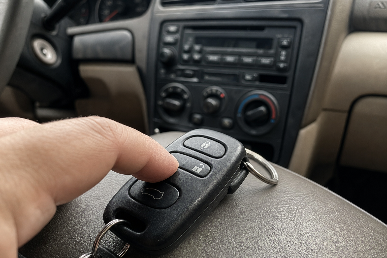 Finger pressing a button on an older Subaru Outback key fob inside the car