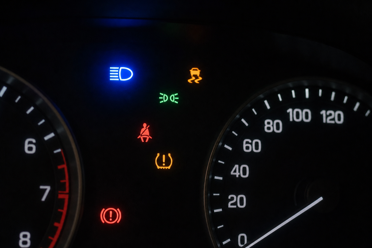 Close-up of Hyundai Tucson dashboard showing illuminated high beam indicator light
