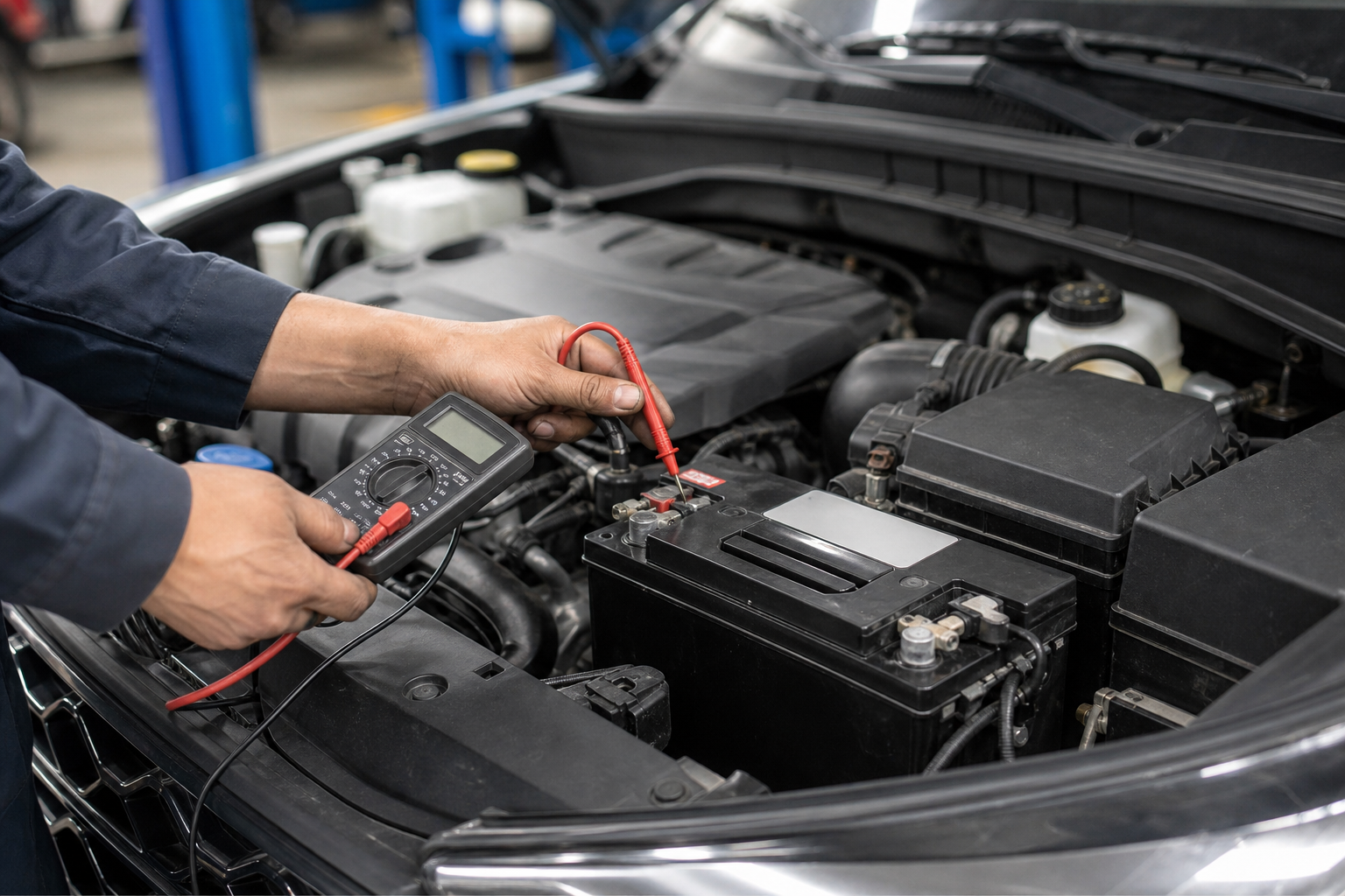 Mechanic testing Hyundai Tucson car battery with a multimeter