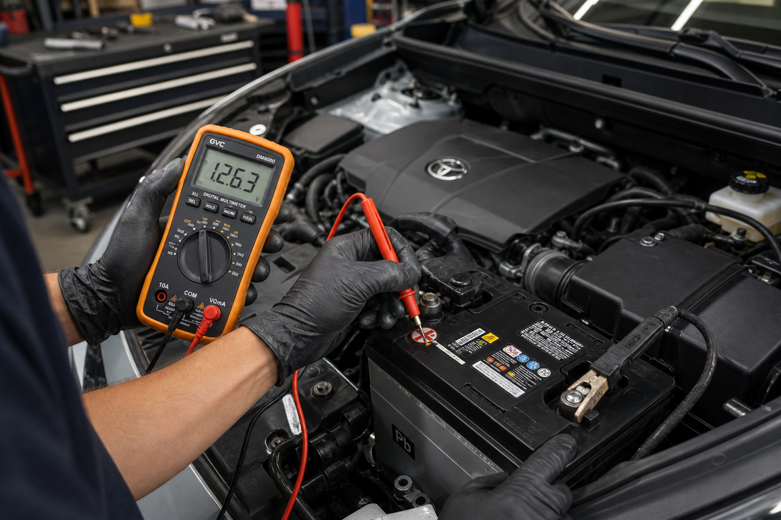 Mechanic testing a car battery voltage under the hood of an SUV with a multimeter
