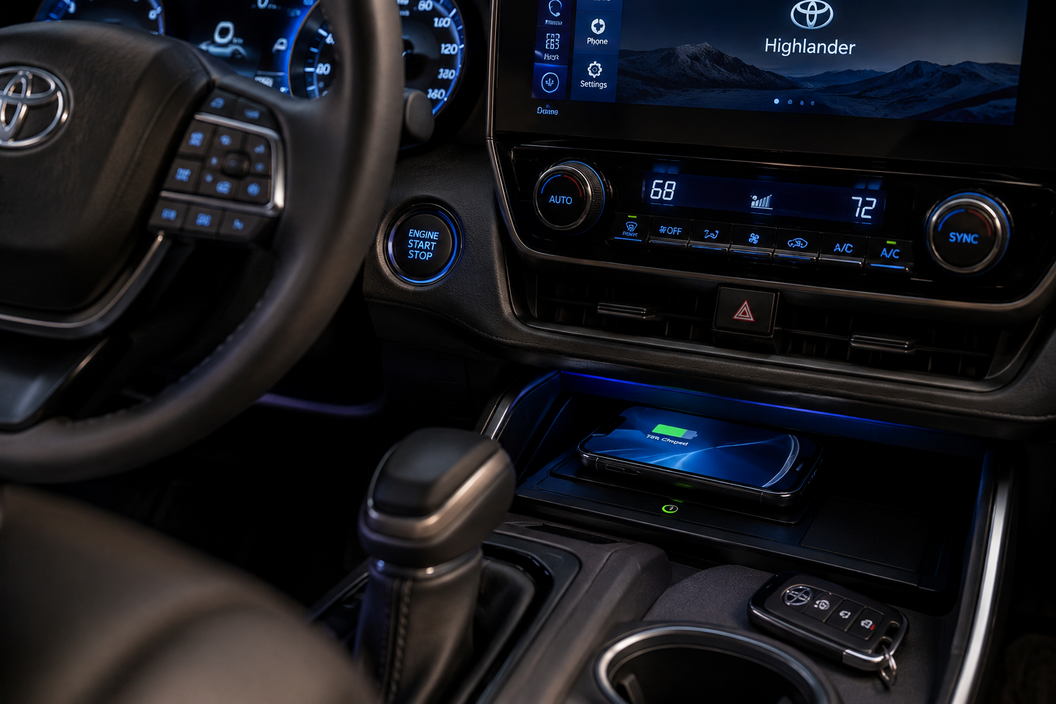 Toyota Highlander interior showing ignition button and wireless charging pad with phone in vehicle power mode