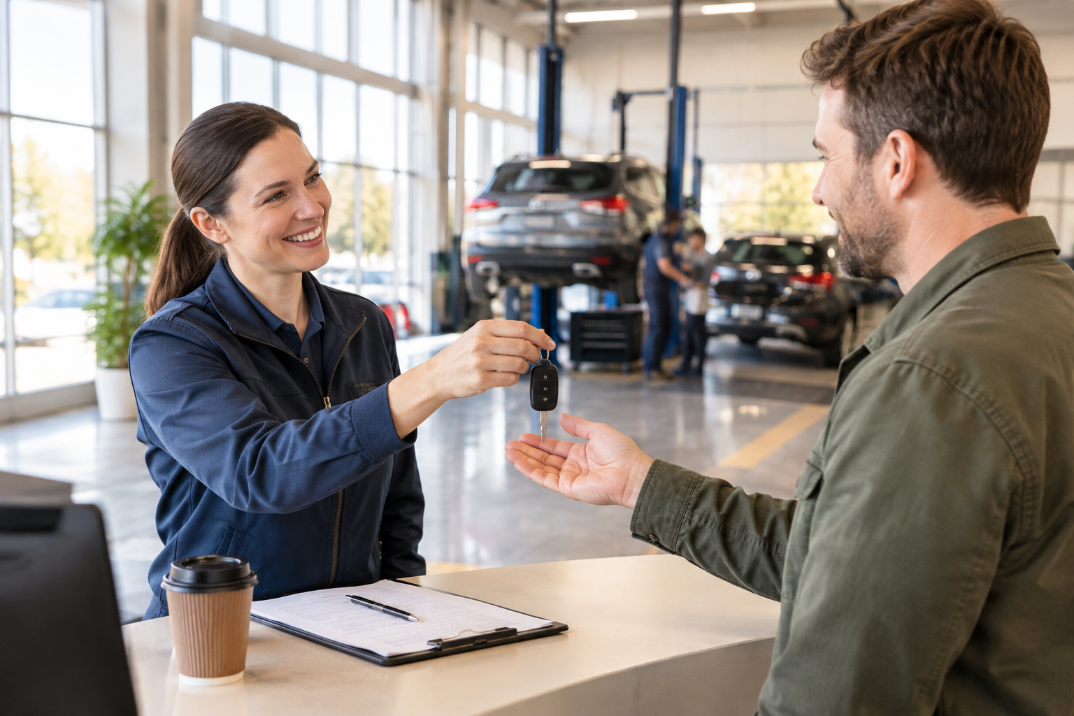 Customer receiving keys at a dealership service center offering free maintenance