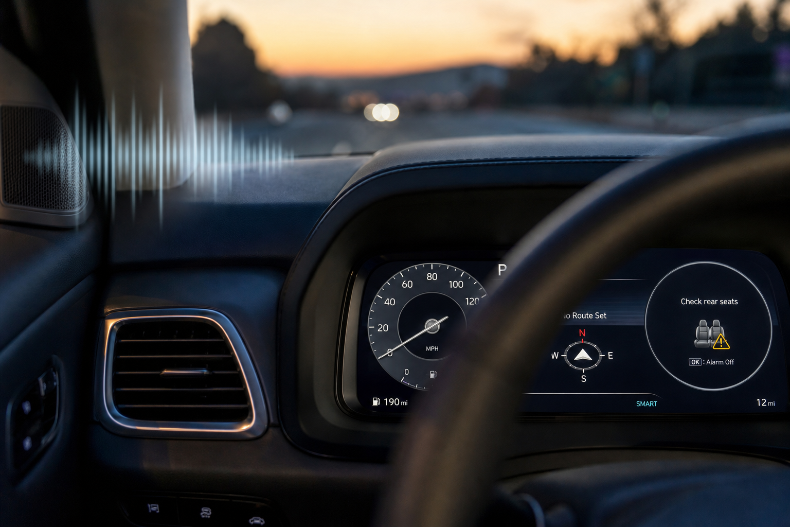 Dashboard display showing visual rear occupant alert icon with sound wave graphic