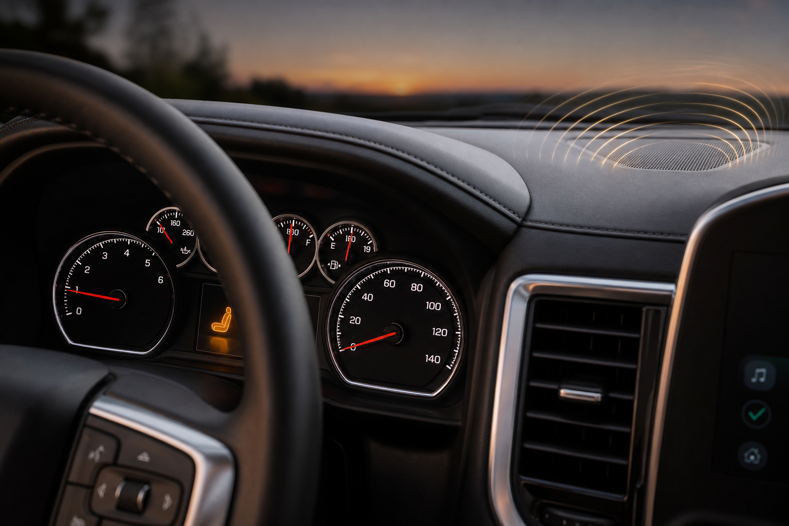 Chevy Tahoe dashboard showing a visual seat reminder icon alongside a speaker representing separate audible alerts