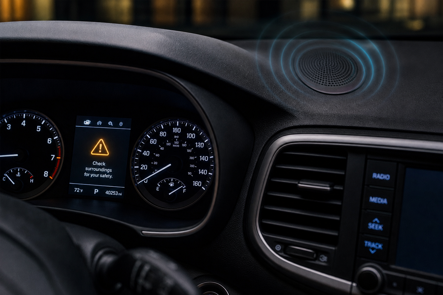 Hyundai Tucson dashboard illuminated with a warning icon representing visual and audible alert signals