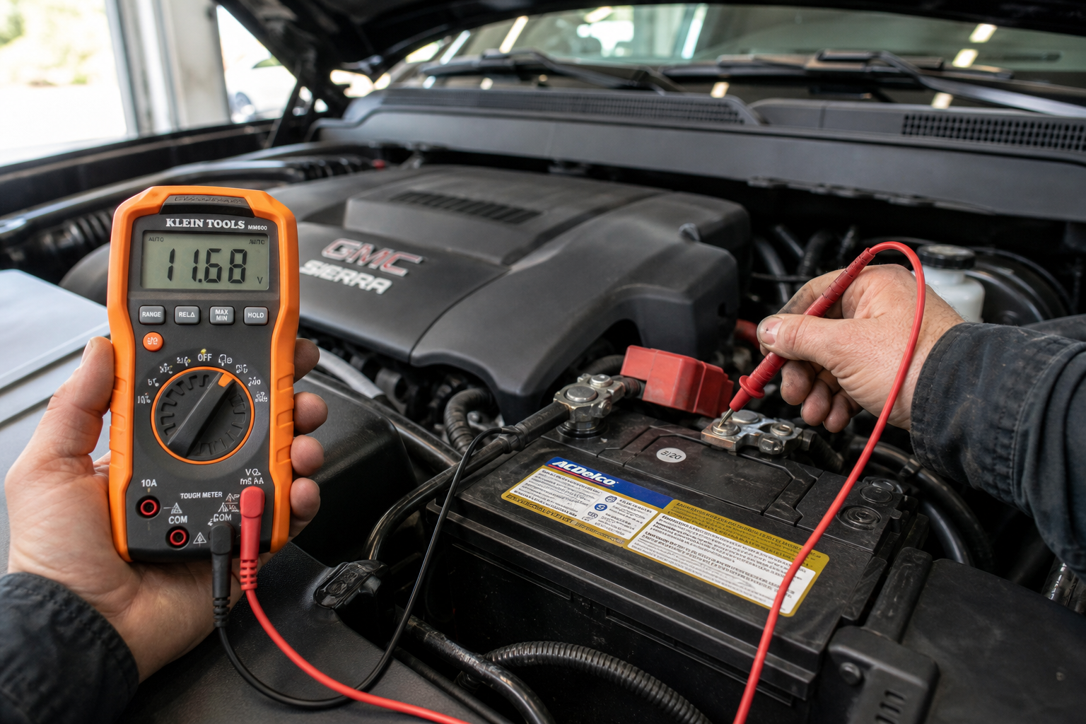 Technician testing car battery voltage with a multimeter under the hood of a GMC Sierra 1500