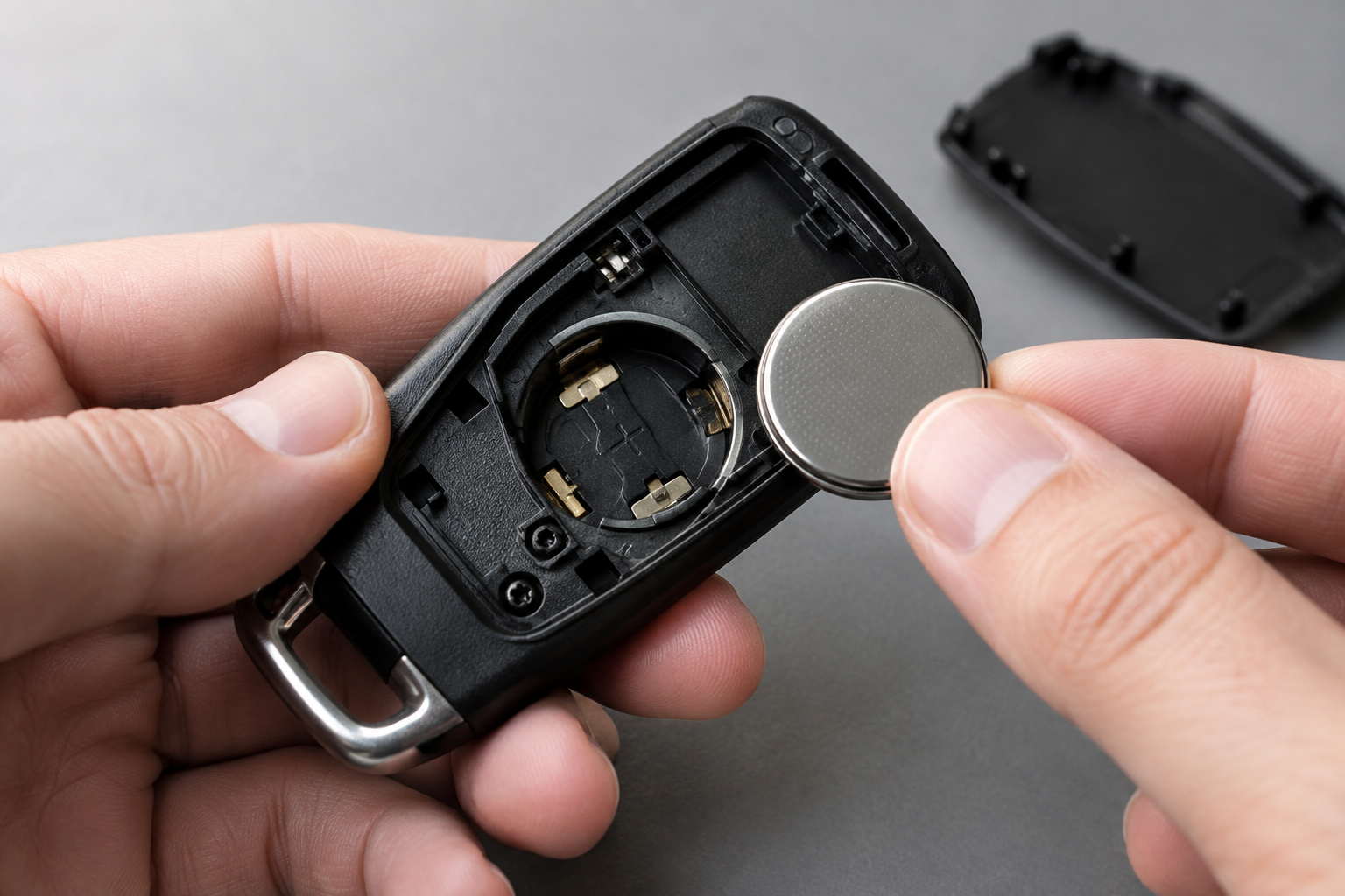 Hand replacing the coin-cell battery inside a GMC key fob