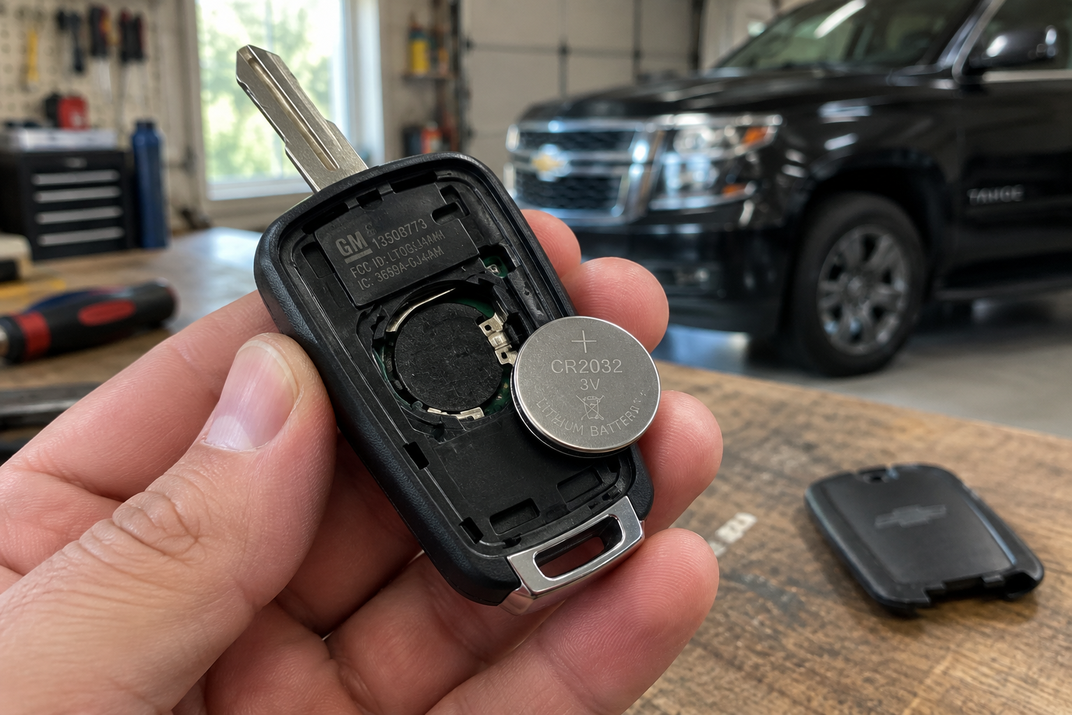 Person replacing the battery in a Chevy Tahoe key fob