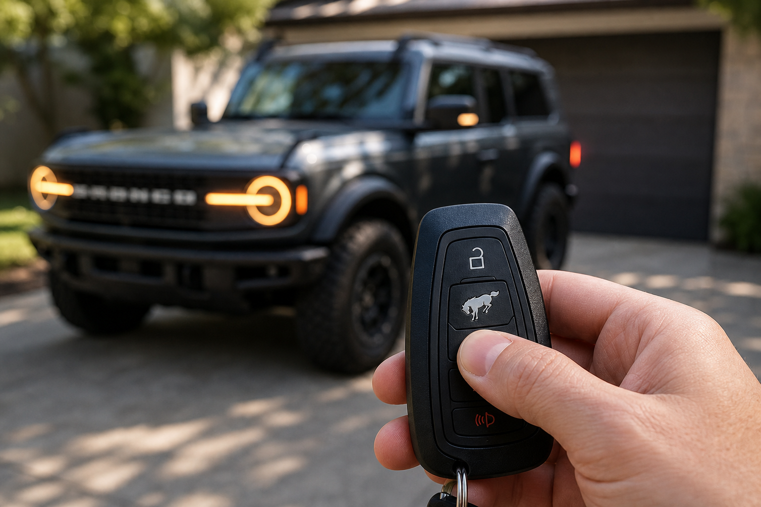 Hand pressing key fob button near a Ford Bronco parked outside