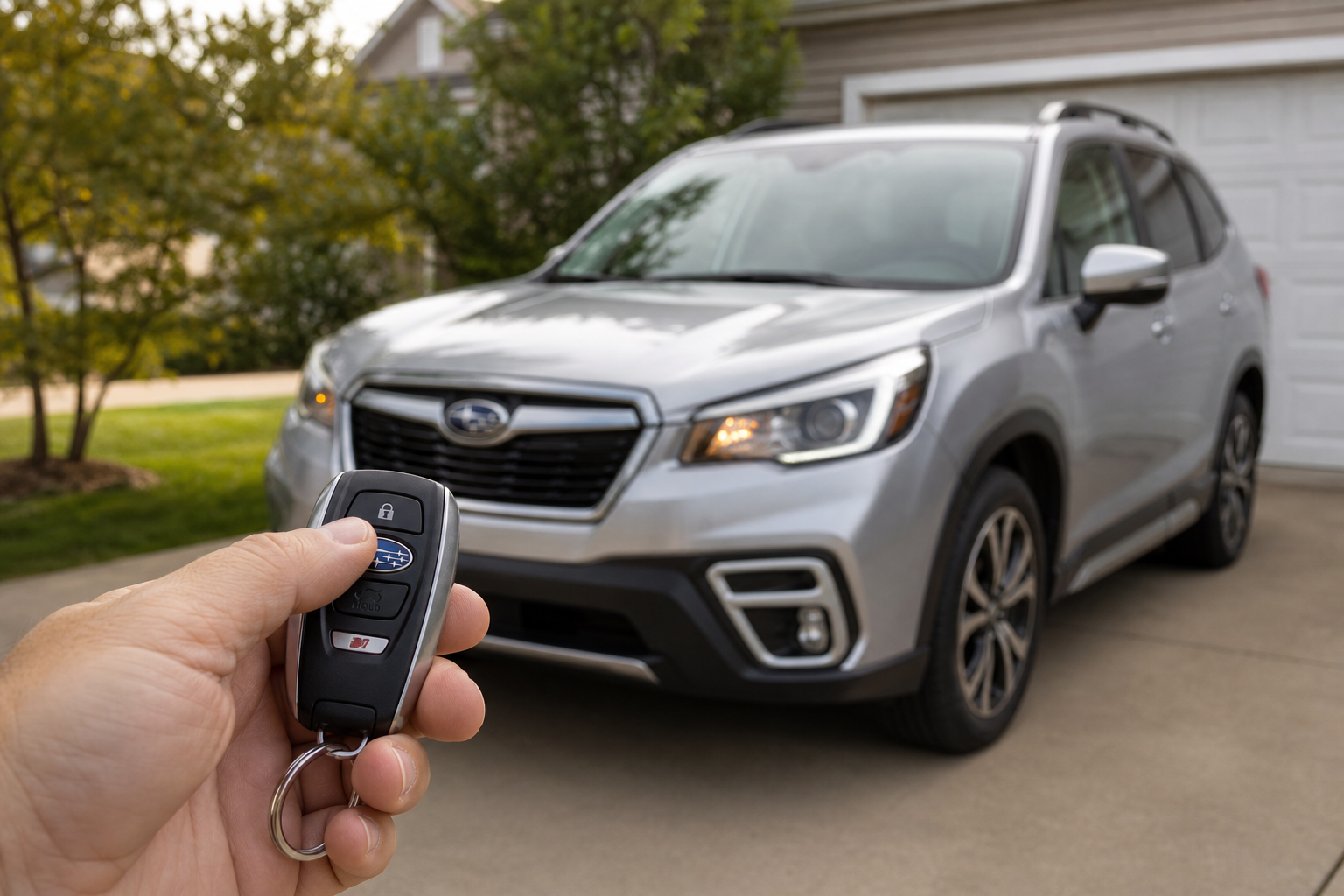 Hand pressing lock button on Subaru Forester key fob outside the vehicle