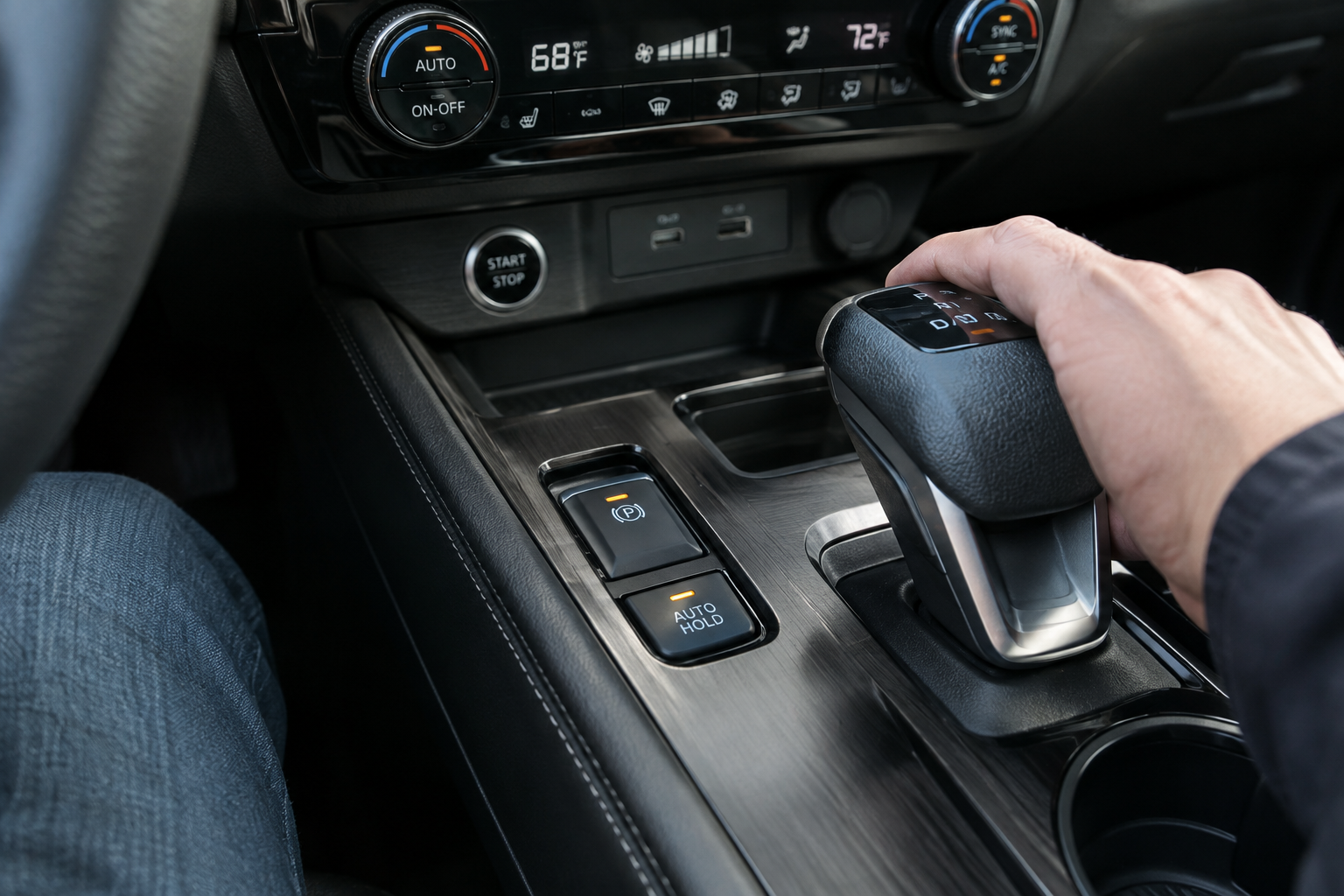 Close-up of Nissan Rogue center console showing the Auto Hold button