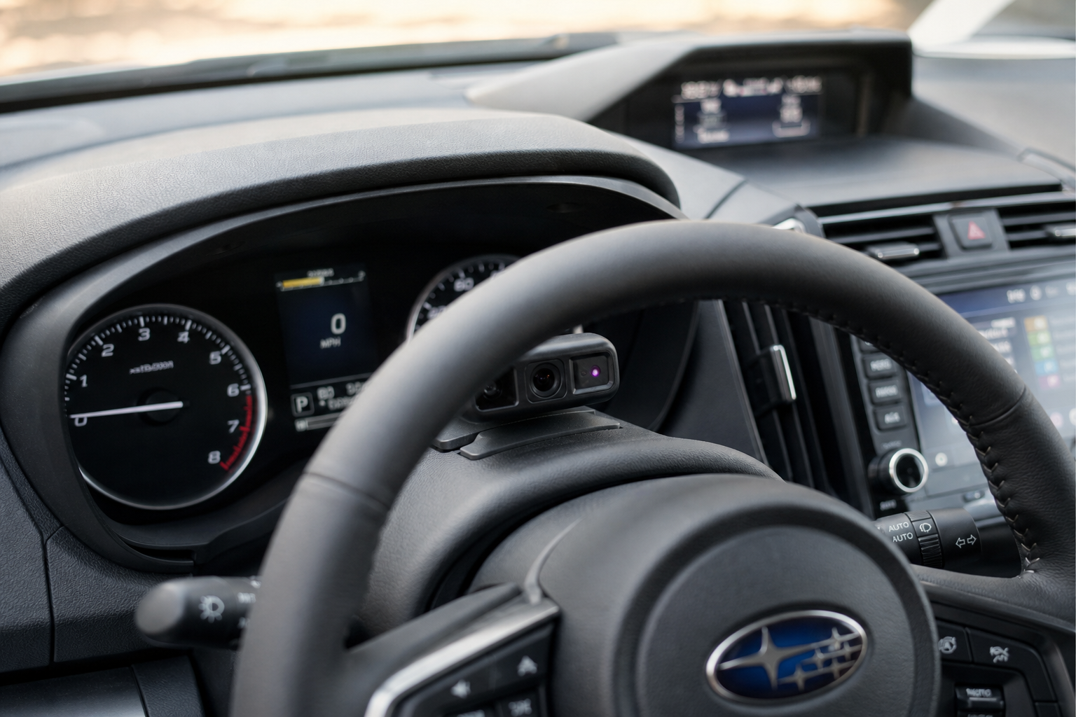 Close-up of the DriverFocus camera module on a Subaru Forester steering column