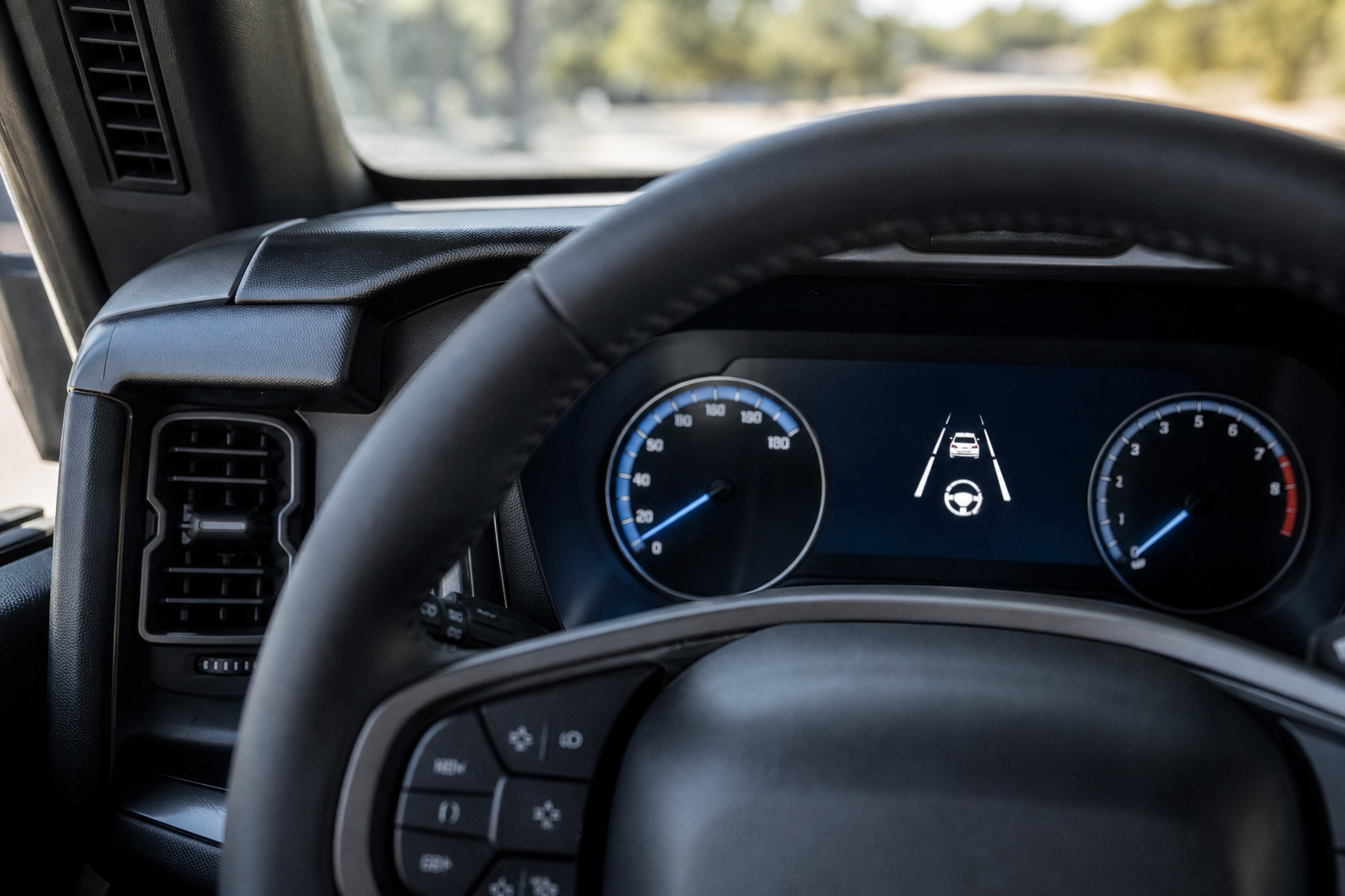 Close-up of Ford Bronco steering wheel and dashboard showing lane-keeping system indicator