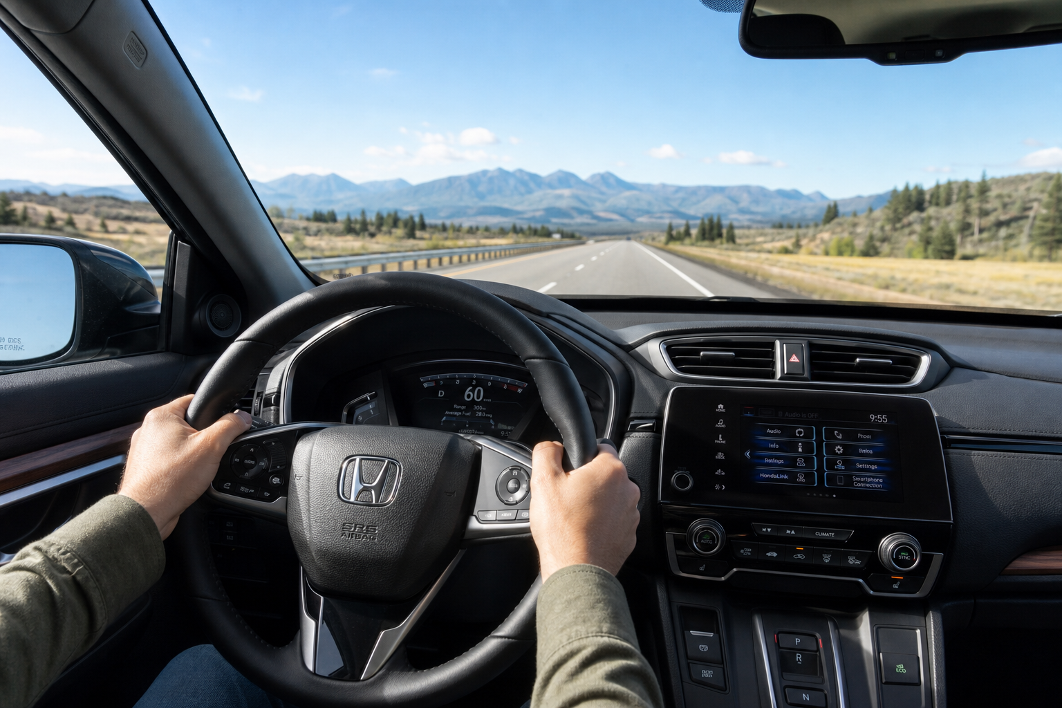 Driver using fixed-speed cruise control on a Honda CR-V during highway driving