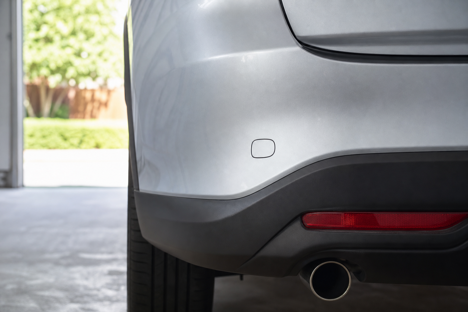 Close-up of a Mazda CX-5 rear bumper showing the blind spot monitoring sensor location