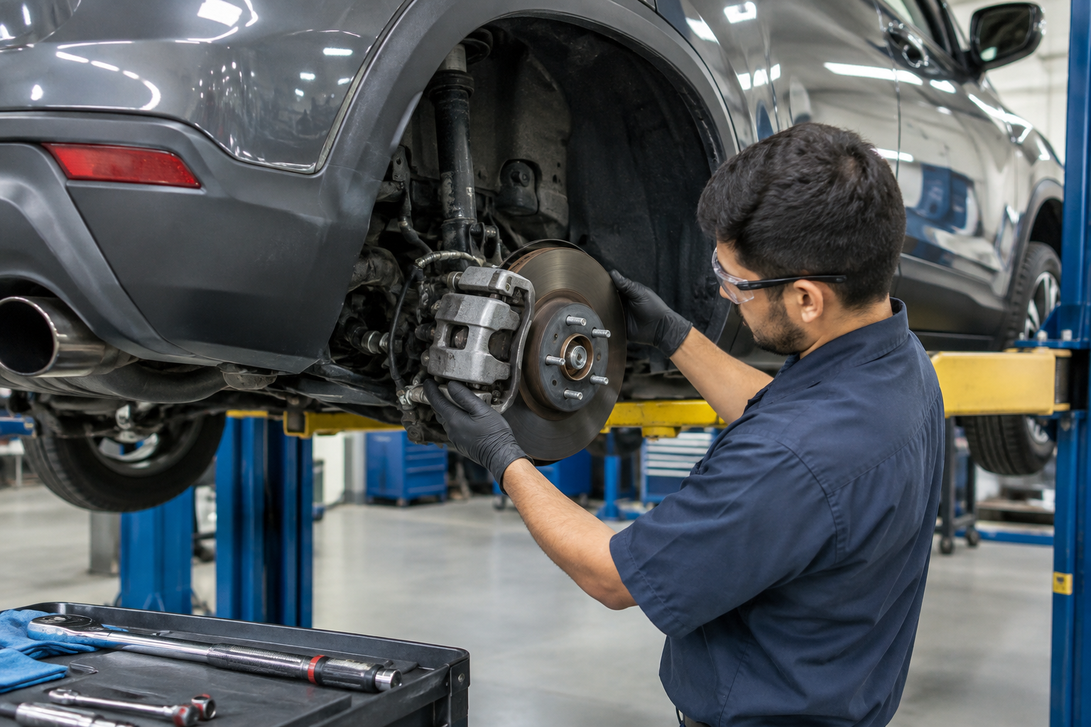 Mechanic carefully inspecting a Honda Pilot's rear parking brake components on a lift