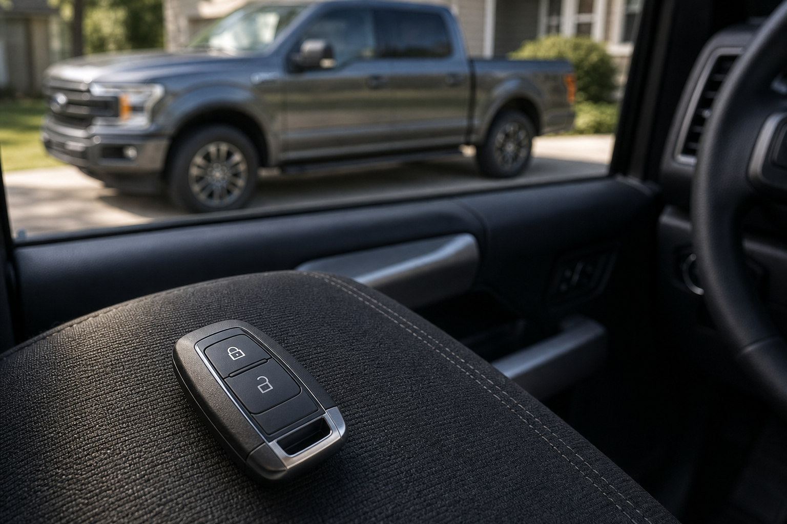 Ford F-150 key fob on driver seat illustrating remote lock feature