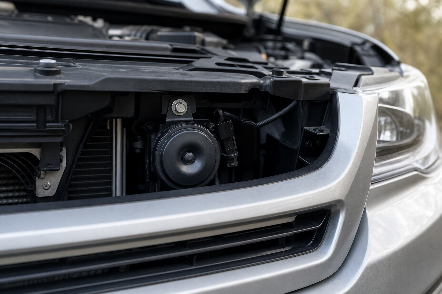 Close-up of the horn component in a Subaru Outback that produces the lock confirmation beep