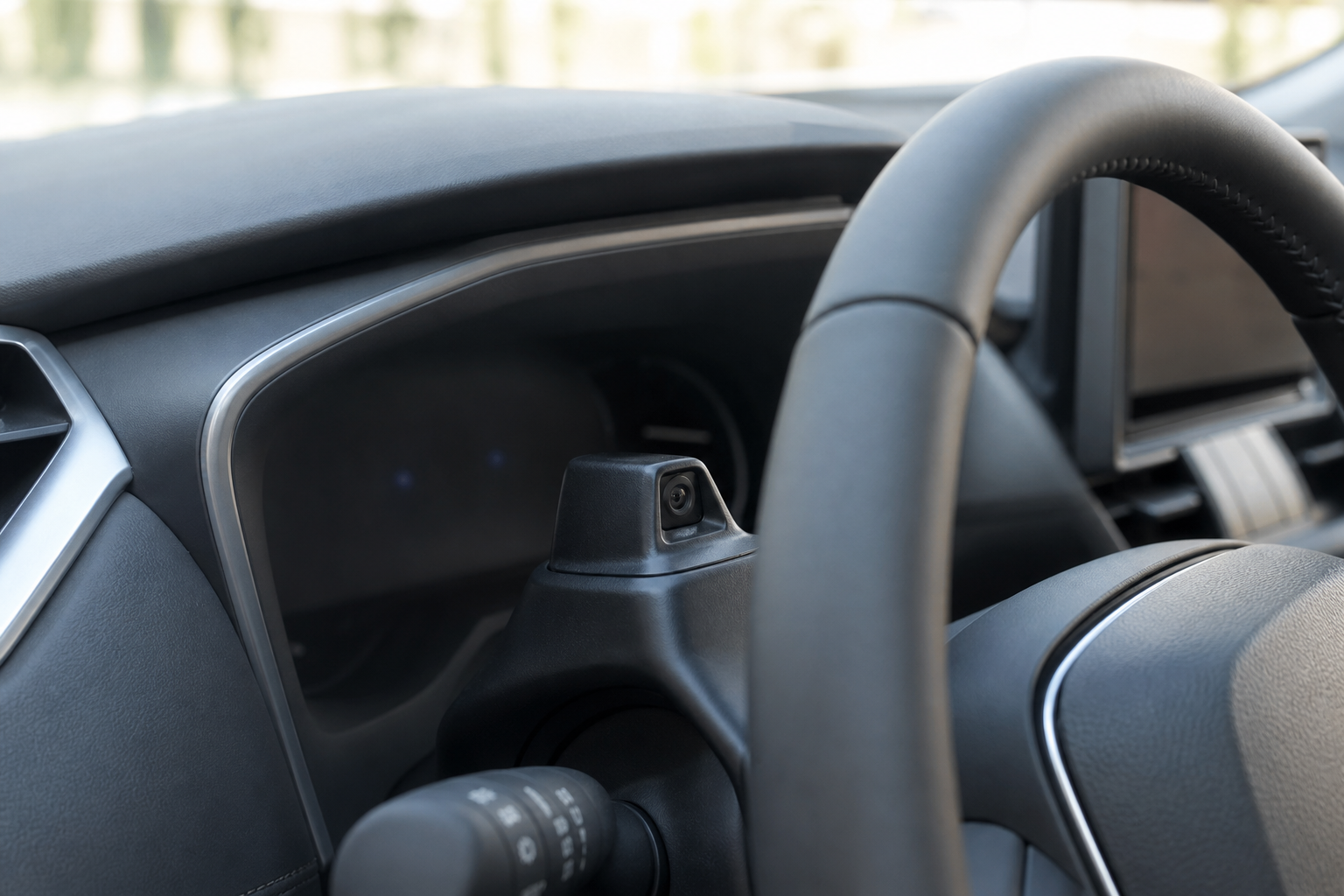 Close-up of the driver monitoring camera mounted on the steering column inside a Toyota RAV4