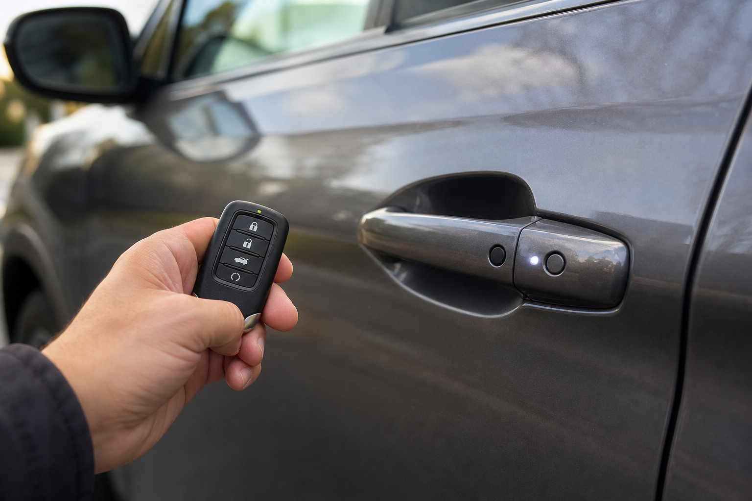 Close-up of a hand holding a key fob near a Honda Pilot's door handle triggering the lock sensor
