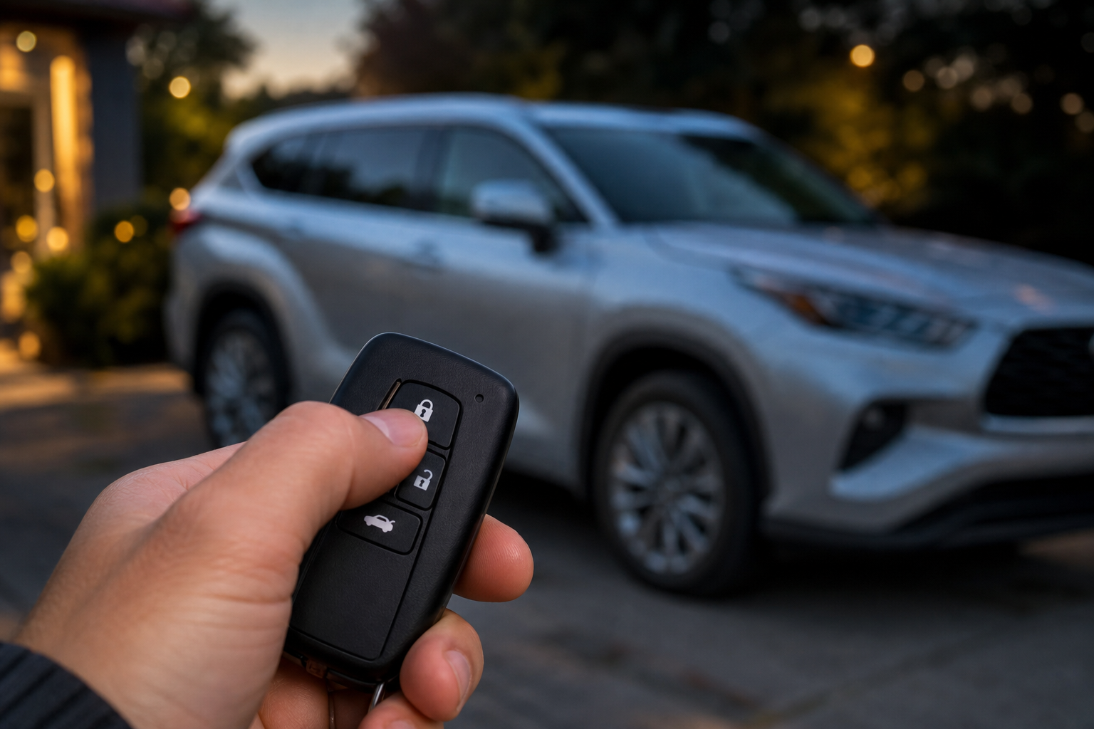 Hand pressing lock button on Toyota Highlander key fob with SUV in background